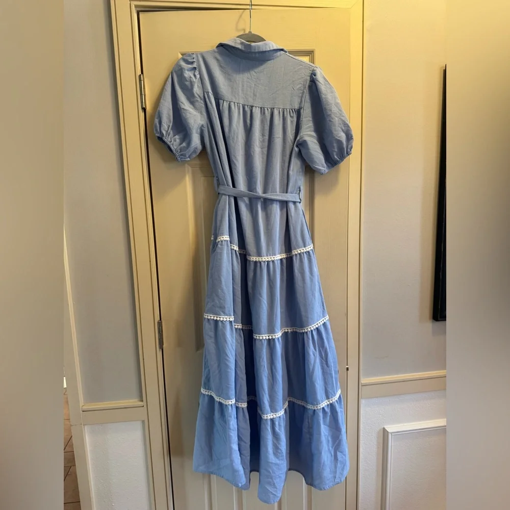 Blue Tiered Maxi Shirt Dress with Tie Waist - Picture 4 of 5
